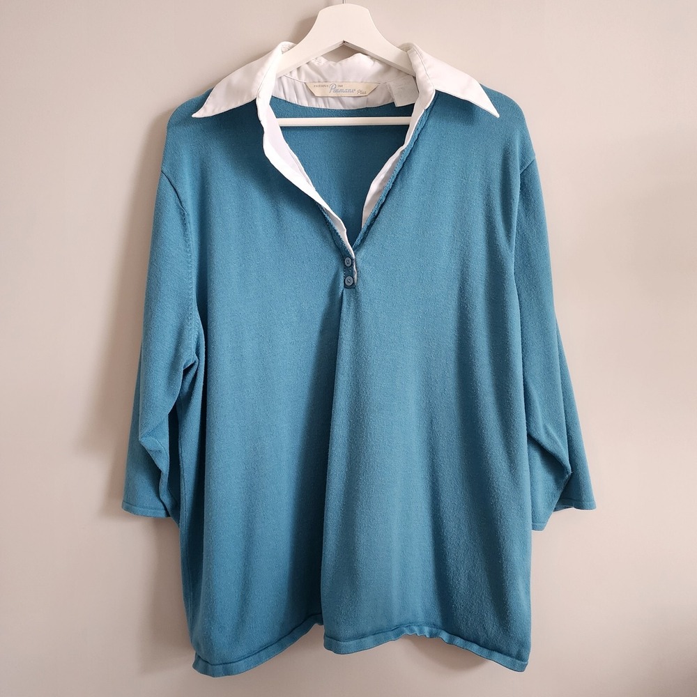 VTG PENMANS Shirt Sweater Womens Plus‎ Size 2X White Collar Attached Blue Polo